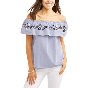 Madewell Off the Shoulder Ruffle Embroidered Stripe Top